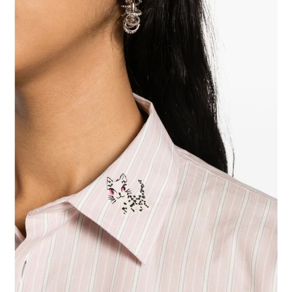 Zadig & Voltaire Cool Cat striped button up light pink cotton embroidered shirt - Picture 2 of 12